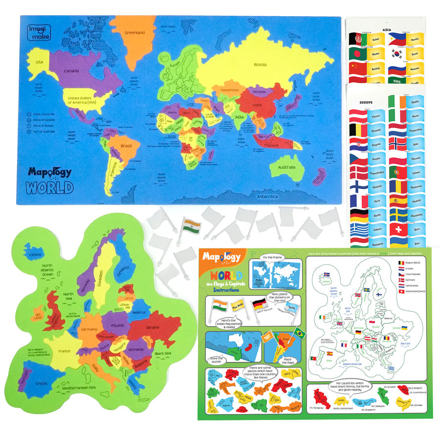 Mapology Combo: Map Puzzle of India and World with Capitals and Flags of Countries