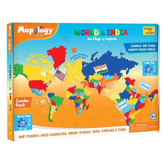 Mapology Combo: Map Puzzle of India and World with Capitals and Flags of Countries